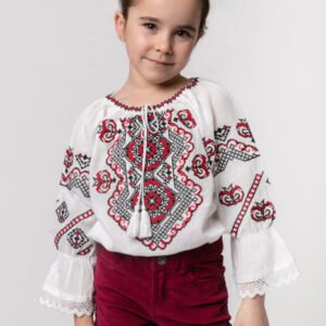 Ie traditionala alba pentru fetite cu motiv geometric rosu Anisia