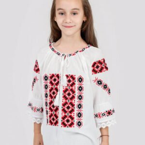 Ie traditionala alba pentru fetite cu motiv geometric rosu Costina