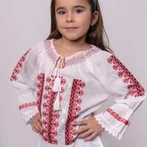Ie traditionala alba pentru fetite cu motiv geometric rosu Dalia 01