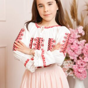 Ie traditionala alba pentru fetite cu motiv geometric rosu Dalia 02