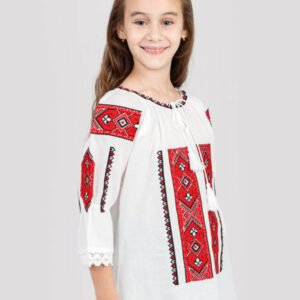 Ie traditionala alba pentru fetite cu motiv geometric rosu Damiana