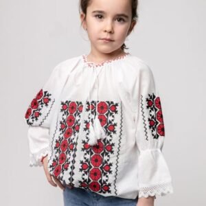 Ie traditionala alba pentru fetite cu motiv geometric rosu Emilia