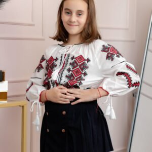 Ie traditionala alba pentru fetite cu motiv geometric rosu Erica