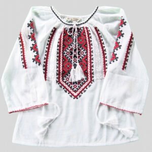Ie traditionala alba pentru fetite cu motiv geometric rosu Flavia