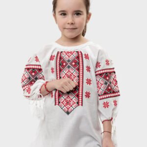 Ie traditionala alba pentru fetite cu motiv geometric rosu Gabriela