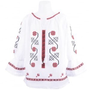 Ie traditionala alba pentru fetite cu motiv geometric rosu Iasmina