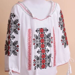 Ie traditionala alba pentru fetite cu motiv geometric rosu Natalia