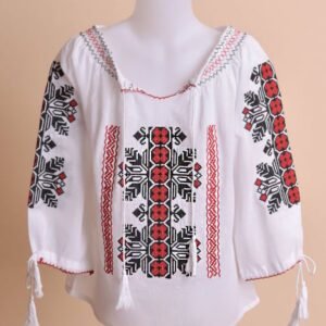 Ie traditionala alba pentru fetite cu motiv geometric rosu Natalia