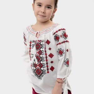 Ie traditionala alba pentru fetite cu motiv geometric rosu Paula