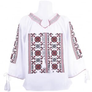 Ie traditionala alba pentru fetite cu motiv geometric rosu Sara 01