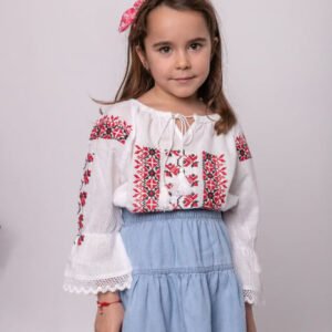 Ie traditionala alba pentru fetite cu motiv geometric rosu Veronica