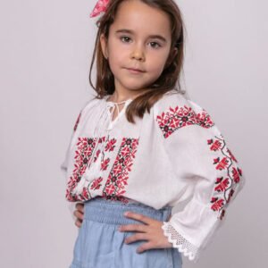 Ie traditionala alba pentru fetite cu motiv geometric rosu Veronica