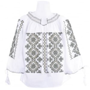 Ie traditionala alba pentru fetite cu motiv geometric verde Carolina
