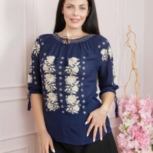 Ie traditionala albastra cu motiv floral auriu Nicola 02