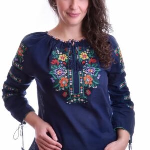 Ie traditionala albastra cu motiv floral multicolor Dalia 02