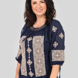 Ie traditionala bleumarin cu motiv geometric crem Tamara 02