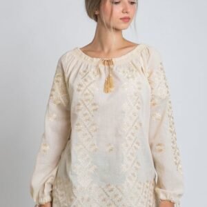 Ie traditionala crem cu motiv floral auriu Codrina 01