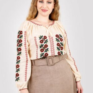 Ie traditionala crem cu motiv floral rosu Luciana