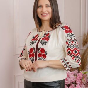 Ie traditionala crem cu motiv floral rosu Melania
