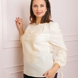 Ie traditionala crem cu motiv geometric auriu Estera 02 - maneca lunga