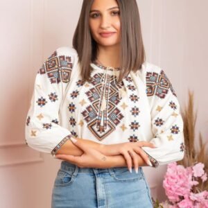 Ie traditionala crem cu motiv geometric maro Isabela