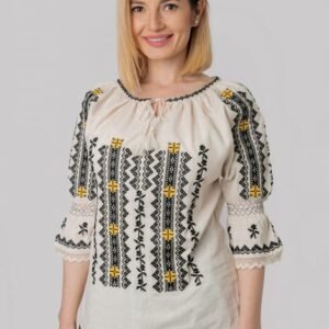 Ie traditionala crem cu motiv geometric negru Dominica 03
