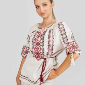 Ie traditionala crem cu motiv geometric rosu Nina