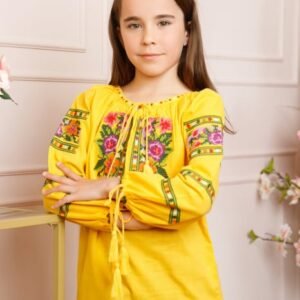 Ie traditionala galbena pentru fetite cu motiv floral multicolor Olivia 02