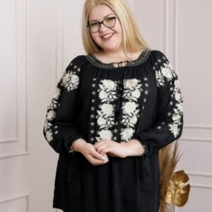 Ie traditionala neagra cu motiv floral auriu Nicola 01