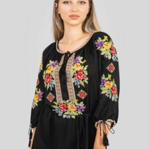Ie traditionala neagra cu motiv floral multicolor Beatrice 02