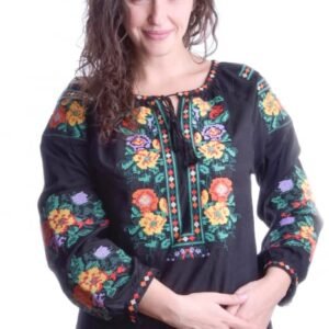 Ie traditionala neagra cu motiv floral multicolor Stefania 05
