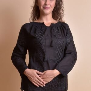 Ie traditionala neagra cu motiv floral negru Codrina 07