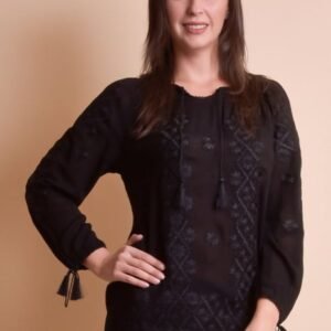 Ie traditionala neagra cu motiv floral negru Codrina 08