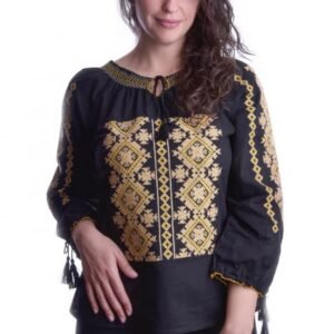 Ie traditionala neagra cu motiv geometric auriu Greta 01
