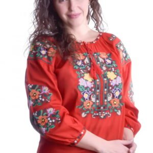 Ie traditionala rosie cu motiv floral multicolor Stefania 04