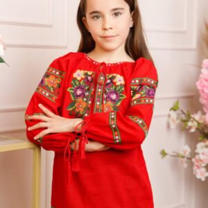 Ie traditionala rosie pentru fetite cu motiv floral multicolor Olivia 02