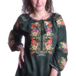 Ie traditionala verde cu motiv floral multicolor Stefania 03