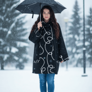 Jacheta calduroasa negru cu model abstract alb si croiala larga si confortabila