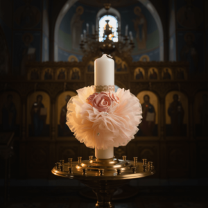 Lumanare de botez cu trandafiri roz si tulle fin