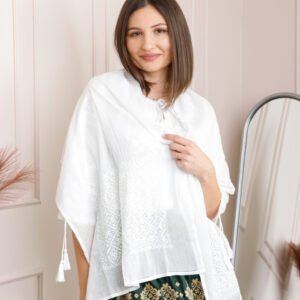 Marama traditionala alba cu broderie florala alba Angela