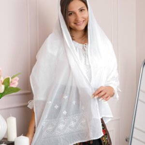 Marama traditionala alba cu broderie geometrica alba Carla