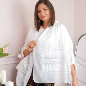 Marama traditionala alba cu broderie geometrica alba Ramona 02