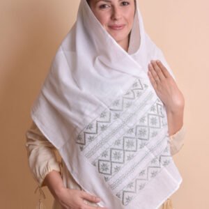 Marama traditionala alba cu broderie geometrica argintie Otilia 03