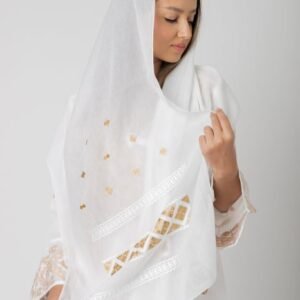 Marama traditionala alba cu broderie geometrica aurie Ancuta 04