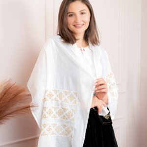 Marama traditionala alba cu broderie geometrica aurie Flavia