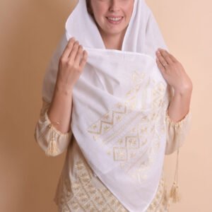 Marama traditionala alba cu broderie geometrica aurie Otilia 05