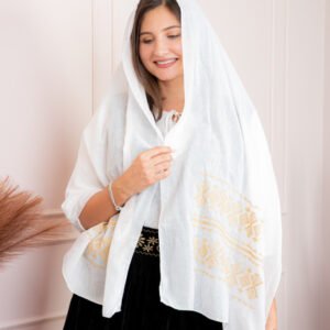 Marama traditionala alba cu broderie geometrica aurie Ramona 03