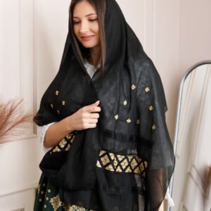 Marama traditionala neagra cu broderie geometrica aurie Ancuta 03