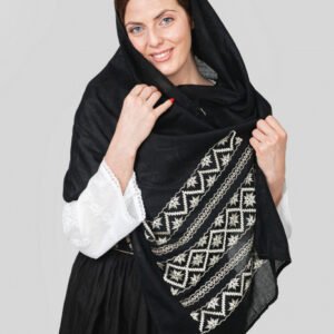 Marama traditionala neagra cu broderie geometrica bej Otilia 04