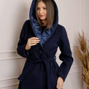Palton dama elegant bleumarin cu gluga captusita